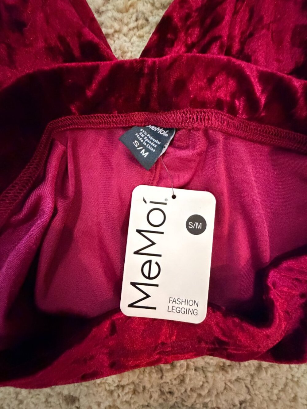 MeMoi Burgundy Crushed Velvet Leggings S/M High Rise